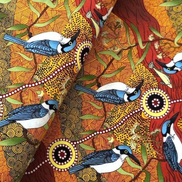 ORANGE KINGFISHER CAMP Aborigines Stoff aus Australien